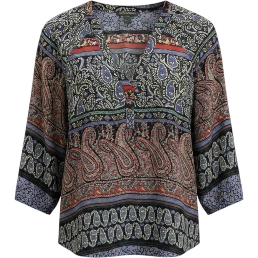 Chelsea & Theodore Womens Paisley‎ Henley Blouse Multi-Color Boho Top Medium
